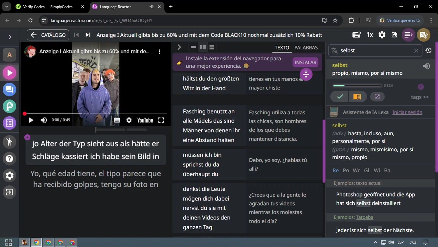 Language Reactor coupon code screenshot showing code BLACK10 applied at Language Reactor checkout page. Uploaded by SimplyCodes community member ELVERDEDESAMP on Feb 14, 2025