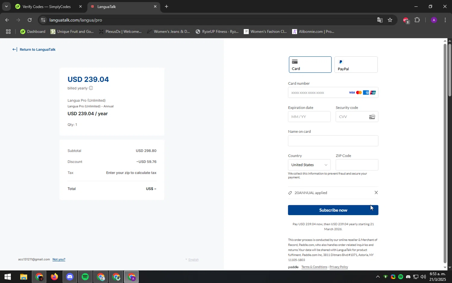 LanguaTalk discount code screenshot showing code 20ANNUAL applied at LanguaTalk checkout page. Uploaded by SimplyCodes community member DeathBone on Mar 21, 2025