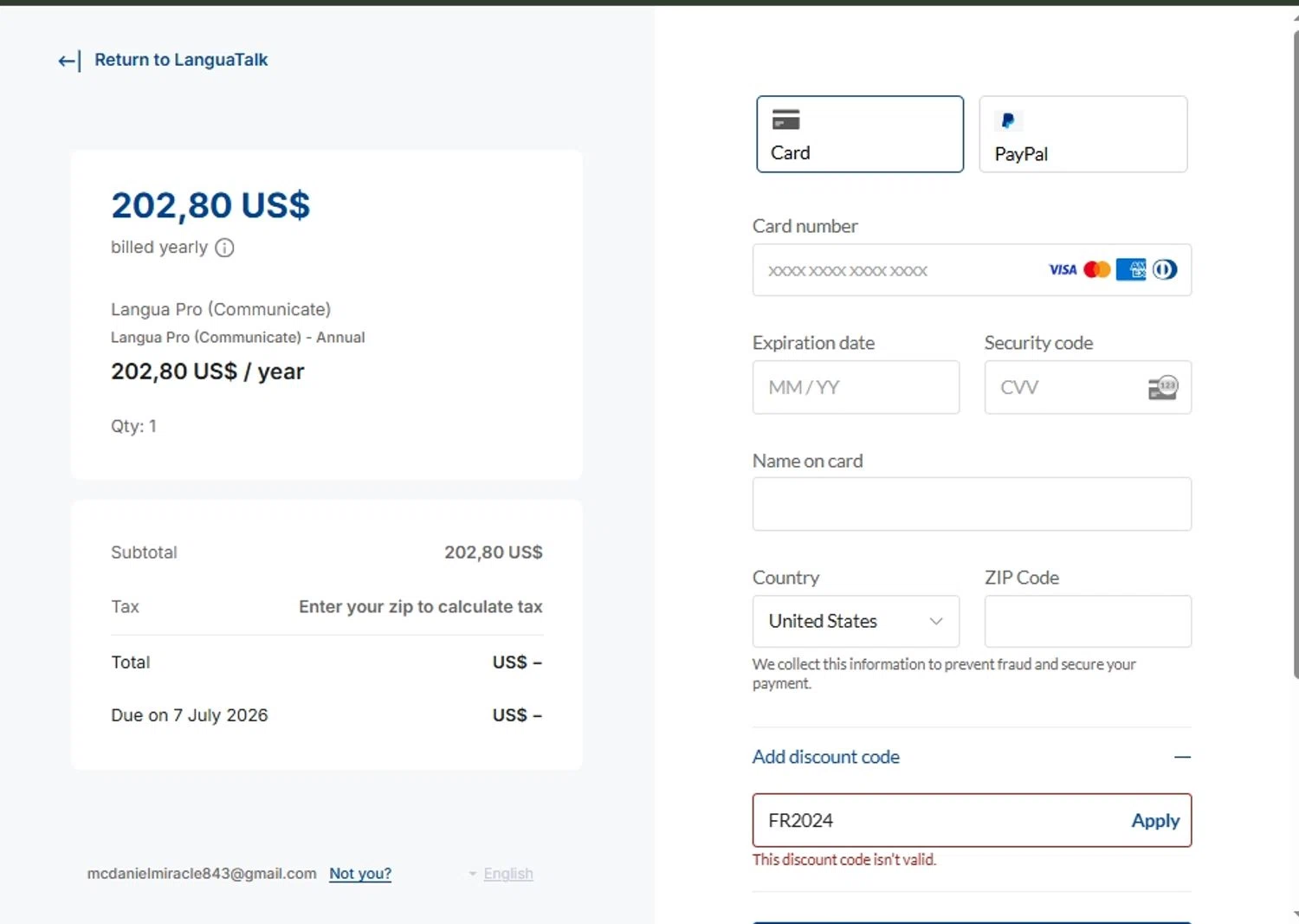 LanguaTalk discount code screenshot showing code 20ANNUAL applied at LanguaTalk checkout page. Uploaded by SimplyCodes community member LegendaryFalcon5662 on Jul 7, 2025