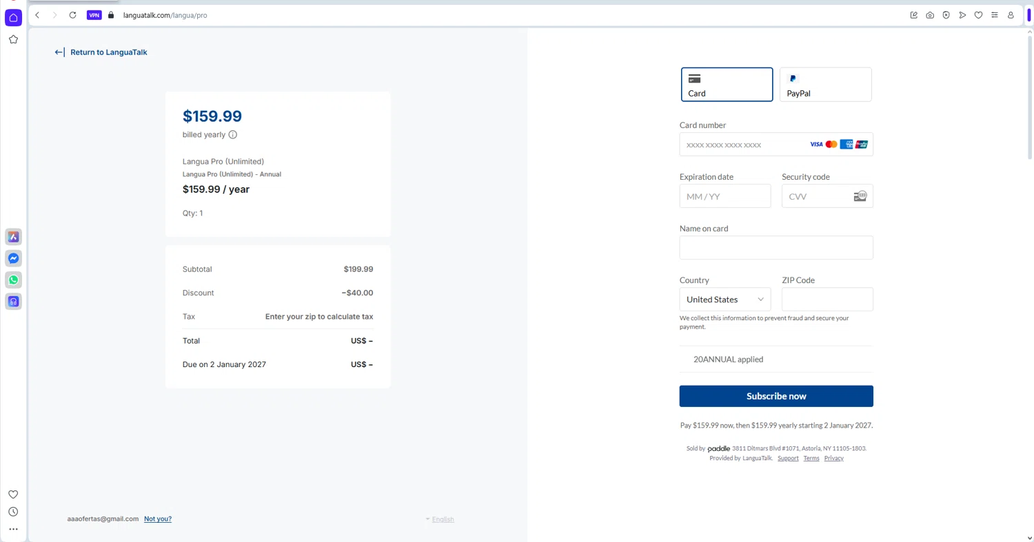 LanguaTalk checkout page showing LanguaTalk discount code box | Screenshot taken by SimplyCodes community member on Jan 2, 2026
