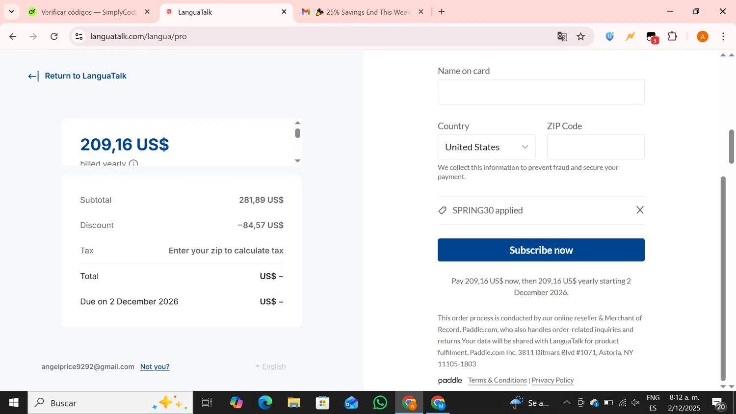 LanguaTalk discount code screenshot showing code SPRING30 applied at LanguaTalk checkout page. Uploaded by SimplyCodes community member BrilliantPro4121 on Dec 2, 2025
