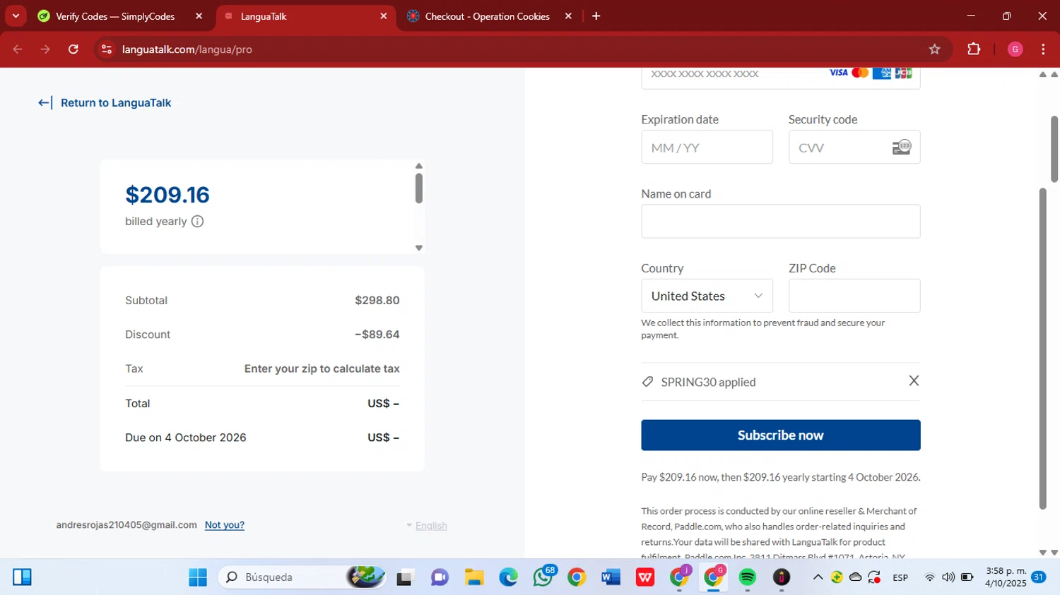 LanguaTalk discount code screenshot showing code SPRING30 applied at LanguaTalk checkout page. Uploaded by SimplyCodes community member GGGilbert on Oct 4, 2025
