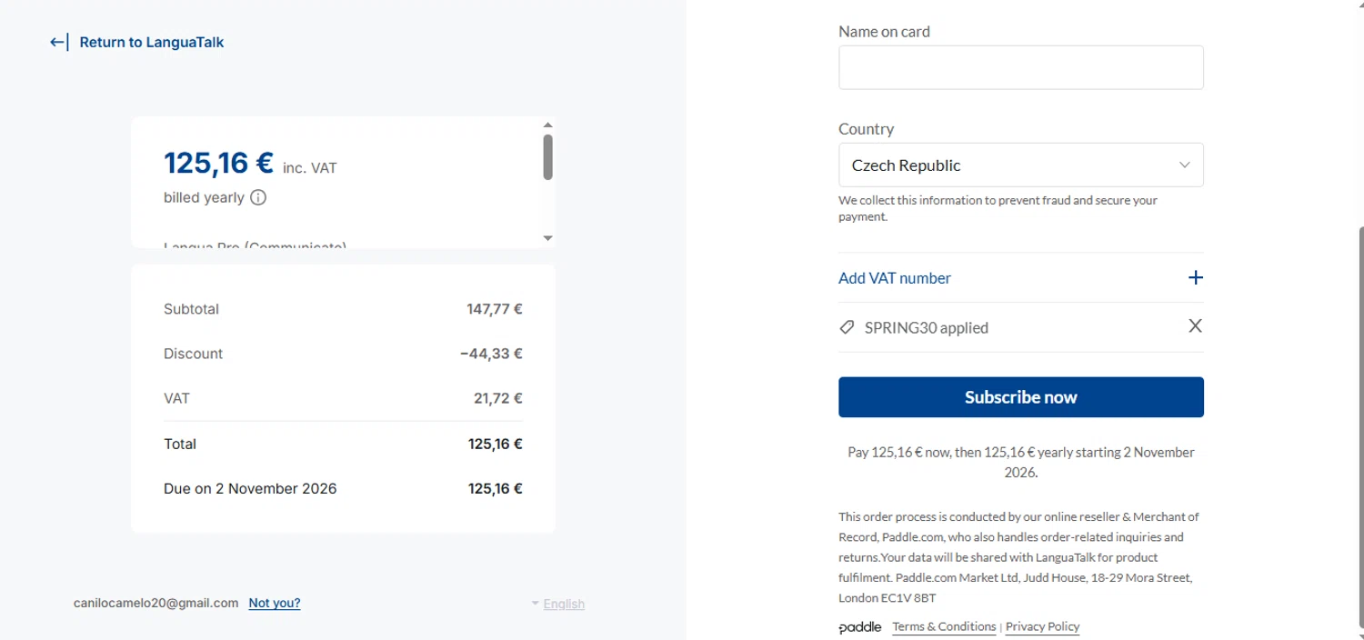 LanguaTalk discount code screenshot showing code SPRING30 applied at LanguaTalk checkout page. Uploaded by SimplyCodes community member MagnificentCurator5441 on Nov 2, 2025