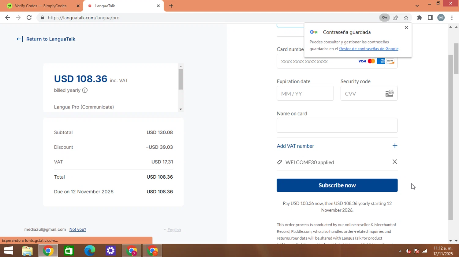 LanguaTalk discount code screenshot showing code WELCOME30 applied at LanguaTalk checkout page. Uploaded by SimplyCodes community member AJOTAA on Nov 12, 2025