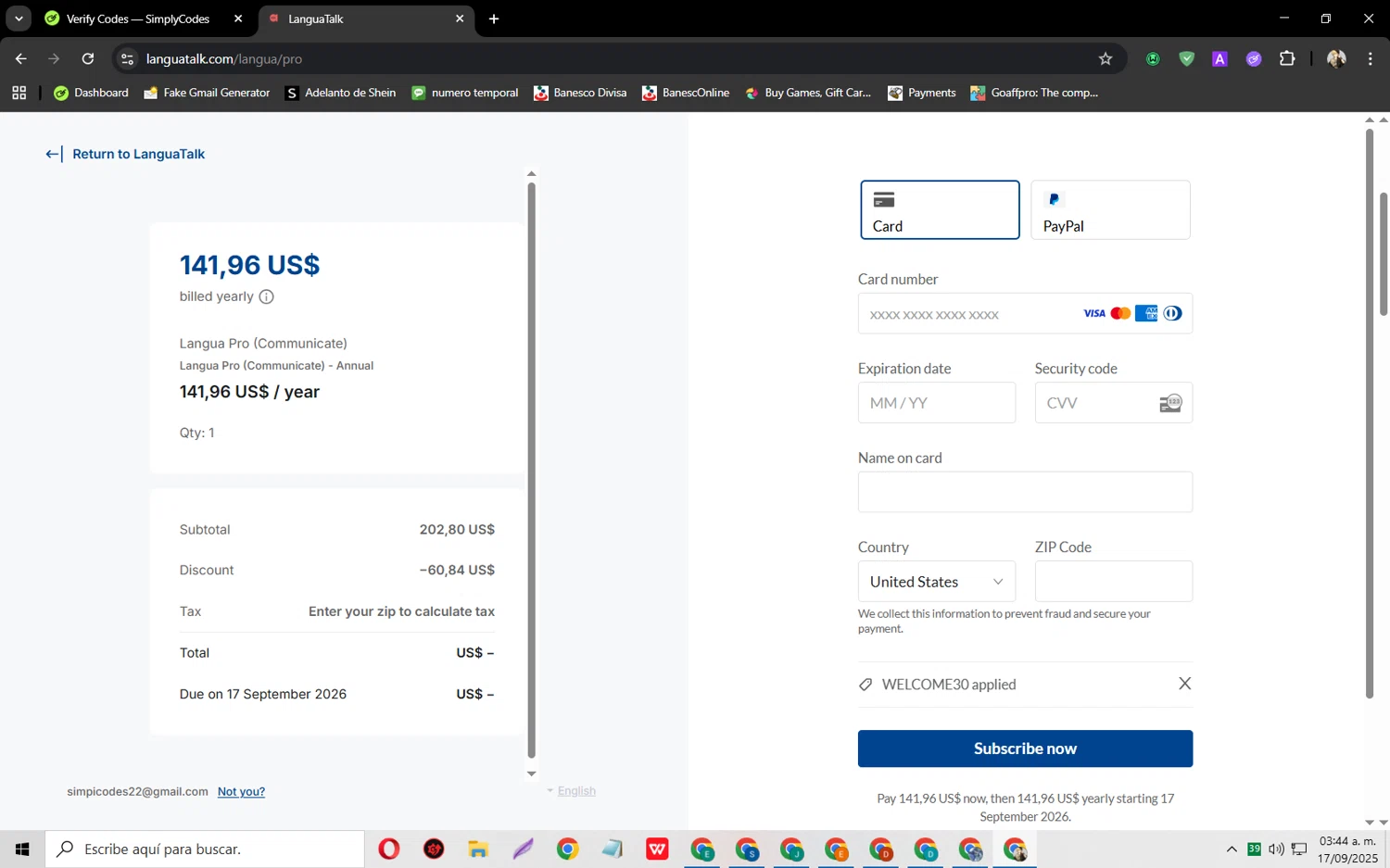 LanguaTalk discount code screenshot showing code WELCOME30 applied at LanguaTalk checkout page. Uploaded by SimplyCodes community member jeysosmoore on Sep 17, 2025
