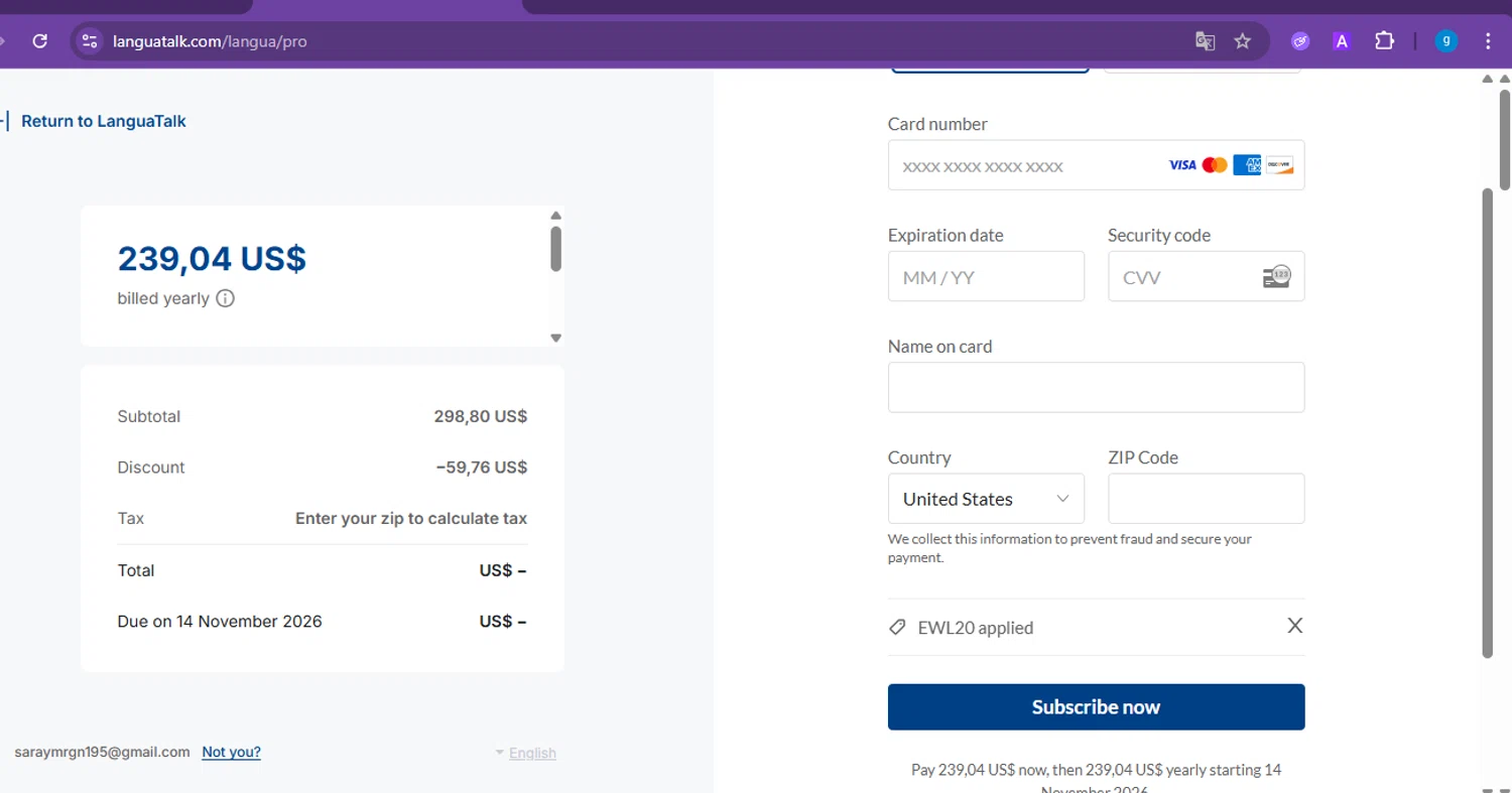 LanguaTalk discount code screenshot showing code EWL20 applied at LanguaTalk checkout page. Uploaded by SimplyCodes community member FrugalVirtuoso6318 on Nov 14, 2025