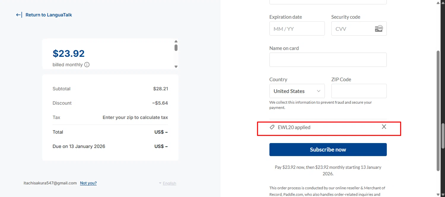 LanguaTalk discount code screenshot showing code EWL20 applied at LanguaTalk checkout page. Uploaded by SimplyCodes community member noworries on Dec 13, 2025