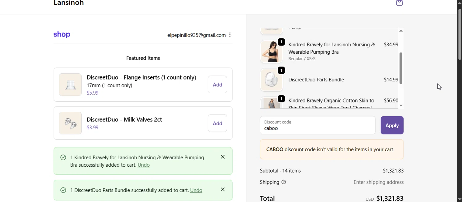 Lansinoh discount code screenshot showing code caboo applied at Lansinoh checkout page. Uploaded by SimplyCodes community member Enmanuel99 on Sep 20, 2025