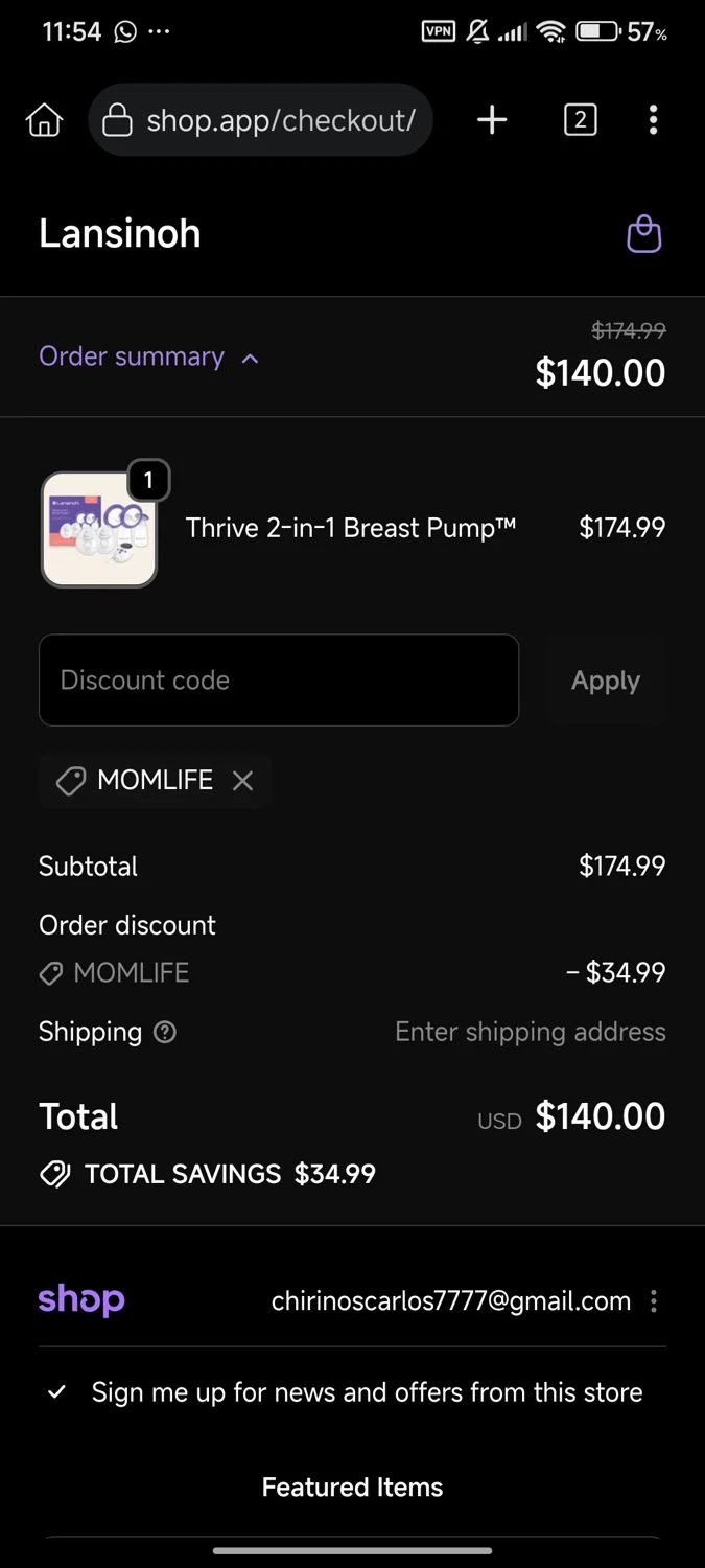 Lansinoh discount code screenshot showing code MOMLIFE applied at Lansinoh checkout page. Uploaded by SimplyCodes community member Diego_Soto on Sep 20, 2025