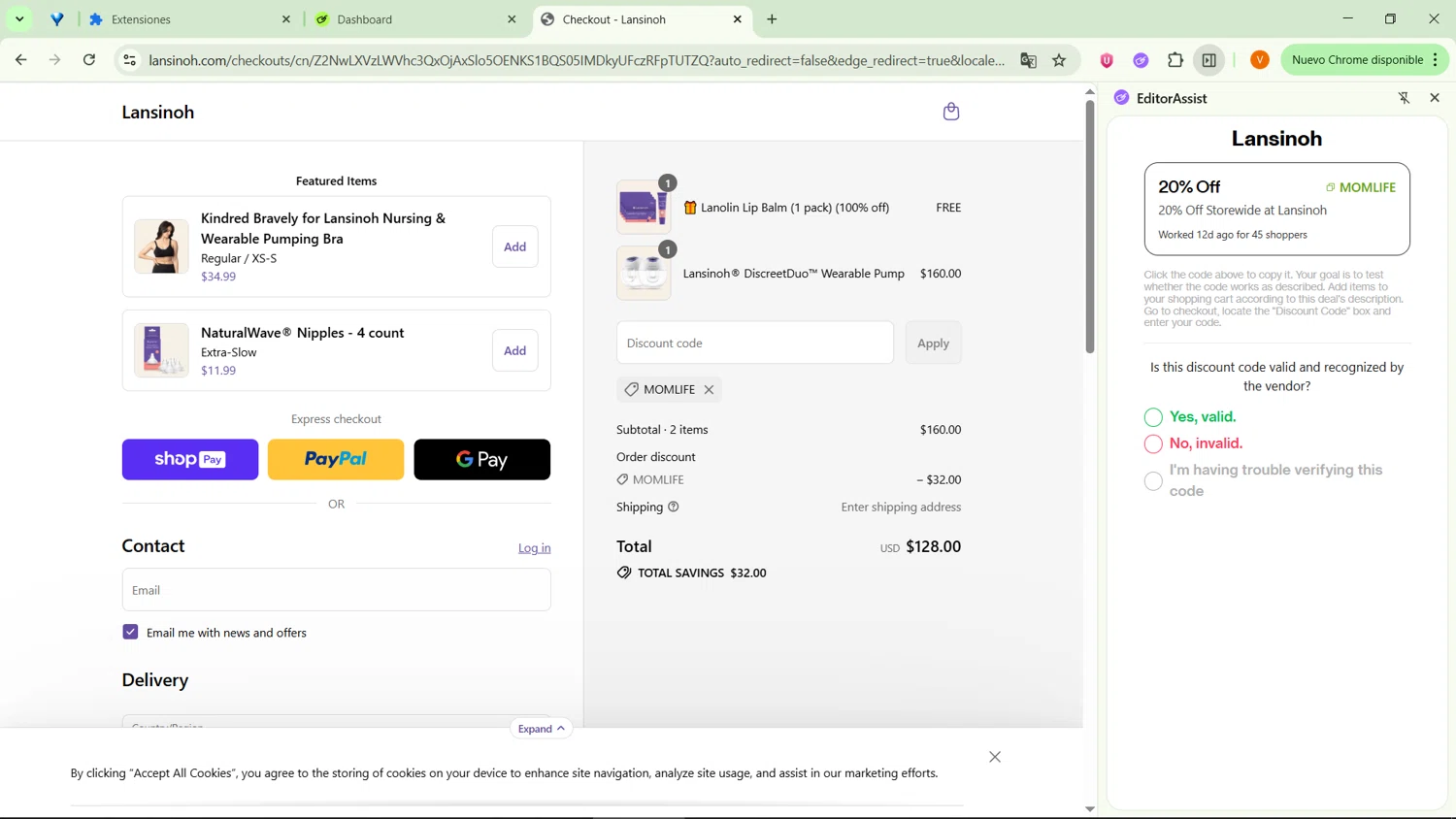 Lansinoh discount code screenshot showing code MOMLIFE applied at Lansinoh checkout page. Uploaded by SimplyCodes community member MightyPro2893 on Jul 3, 2025