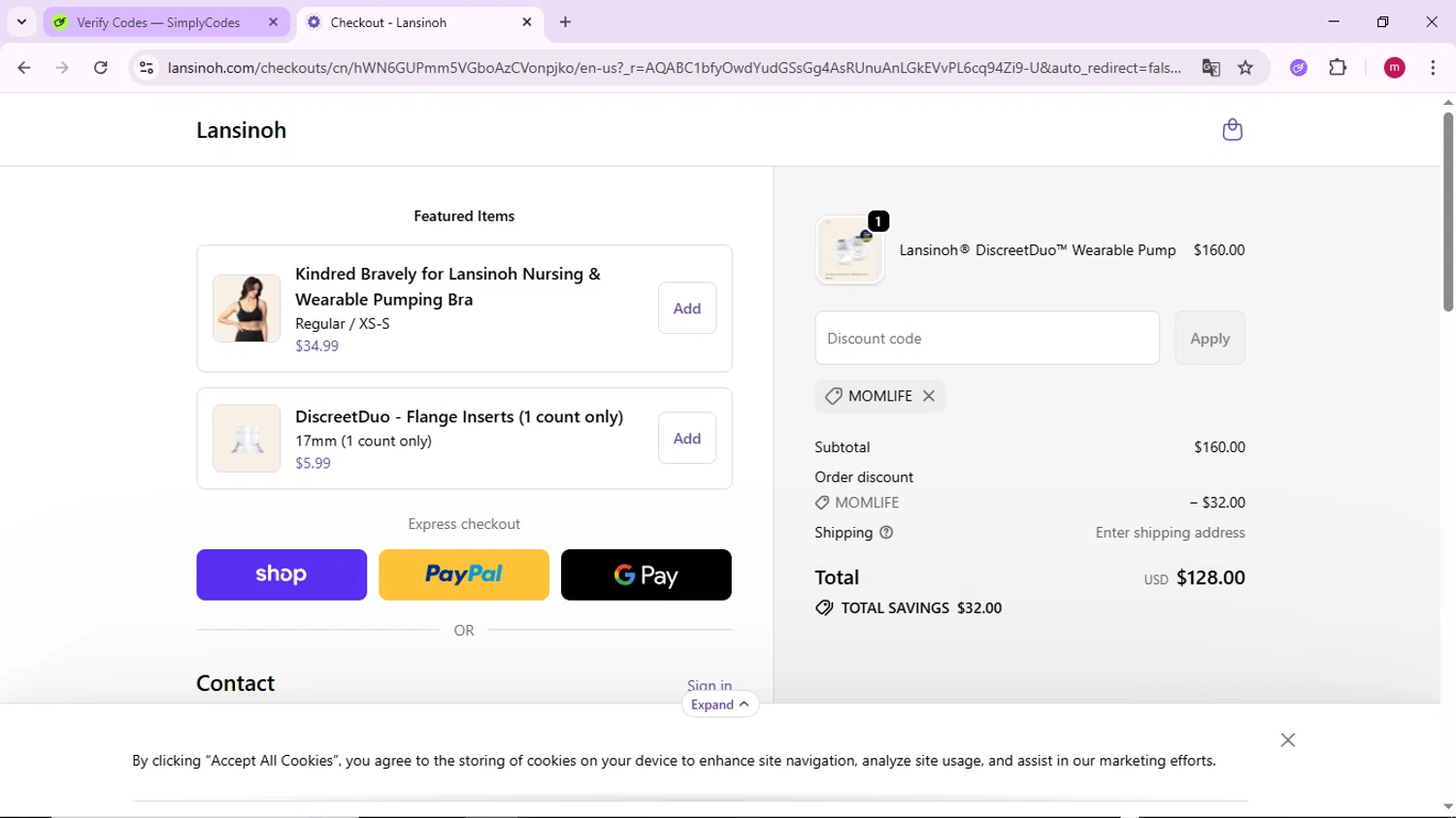 Lansinoh discount code screenshot showing code MOMLIFE applied at Lansinoh checkout page. Uploaded by SimplyCodes community member PrimeSage7080 on Dec 10, 2025