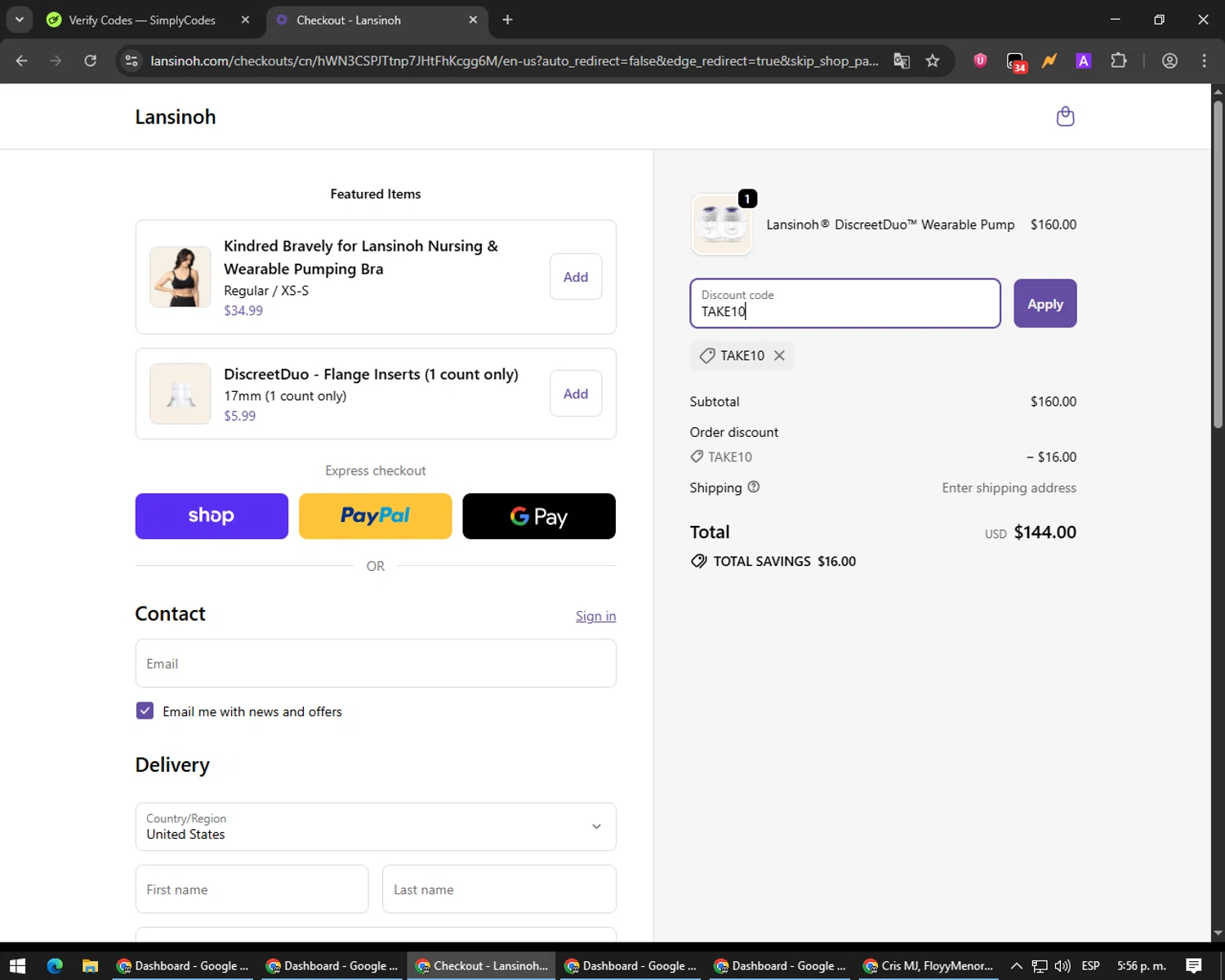 Lansinoh discount code screenshot showing code TAKE10 applied at Lansinoh checkout page. Uploaded by SimplyCodes community member MoneyPilot9165 on Sep 20, 2025