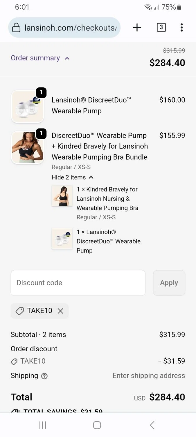 Lansinoh discount code screenshot showing code TAKE10 applied at Lansinoh checkout page. Uploaded by SimplyCodes community member ScanMaverick9378 on Dec 4, 2025
