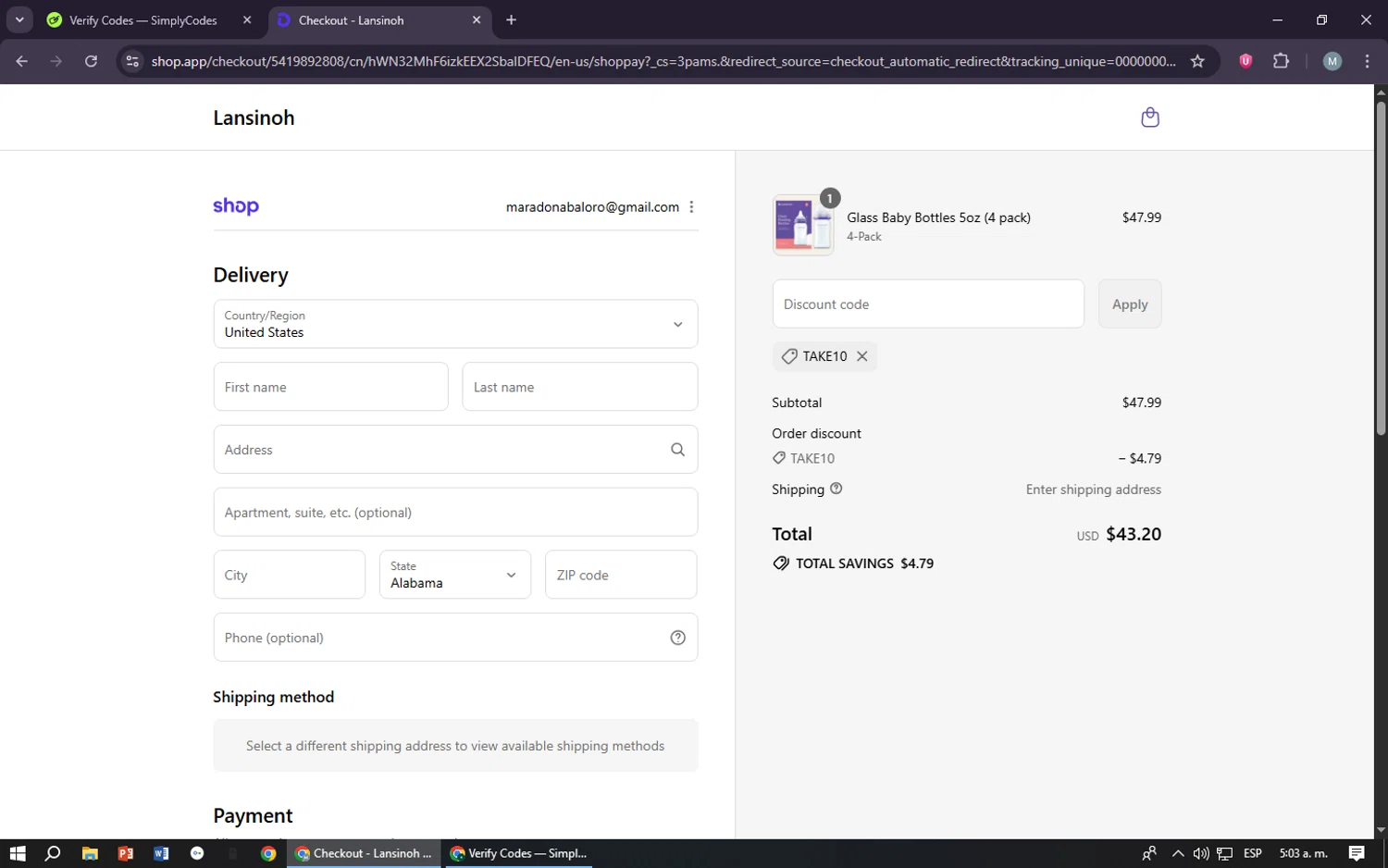 Lansinoh discount code screenshot showing code TAKE10 applied at Lansinoh checkout page. Uploaded by SimplyCodes community member maraxo on Sep 16, 2025