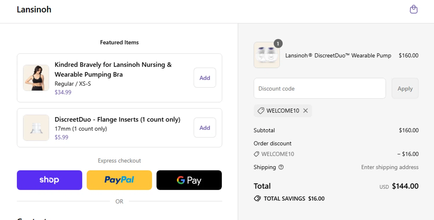 Lansinoh discount code screenshot showing code WELCOME10 applied at Lansinoh checkout page. Uploaded by SimplyCodes community member Jhonny on Sep 5, 2025