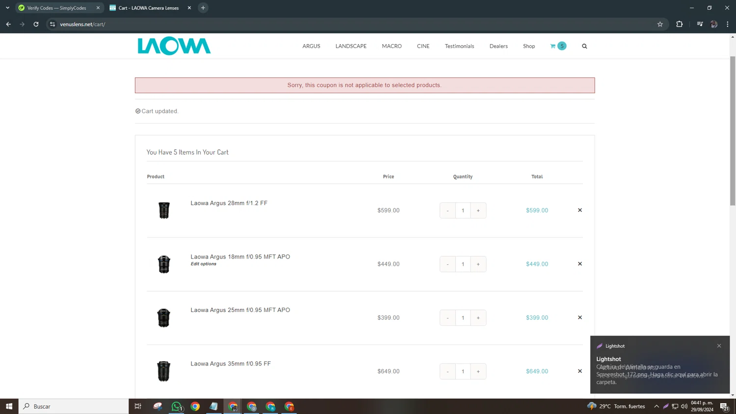 Laowa by Venus Optics checkout page showing Laowa by Venus Optics promo code box | Screenshot taken by SimplyCodes community member on Sep 29, 2024