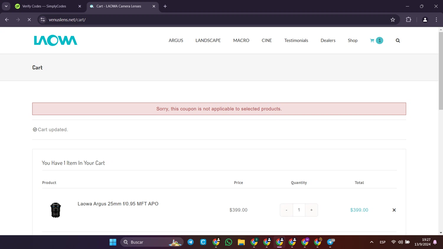 Laowa by Venus Optics checkout page showing Laowa by Venus Optics promo code box | Screenshot taken by SimplyCodes community member on Sep 13, 2024