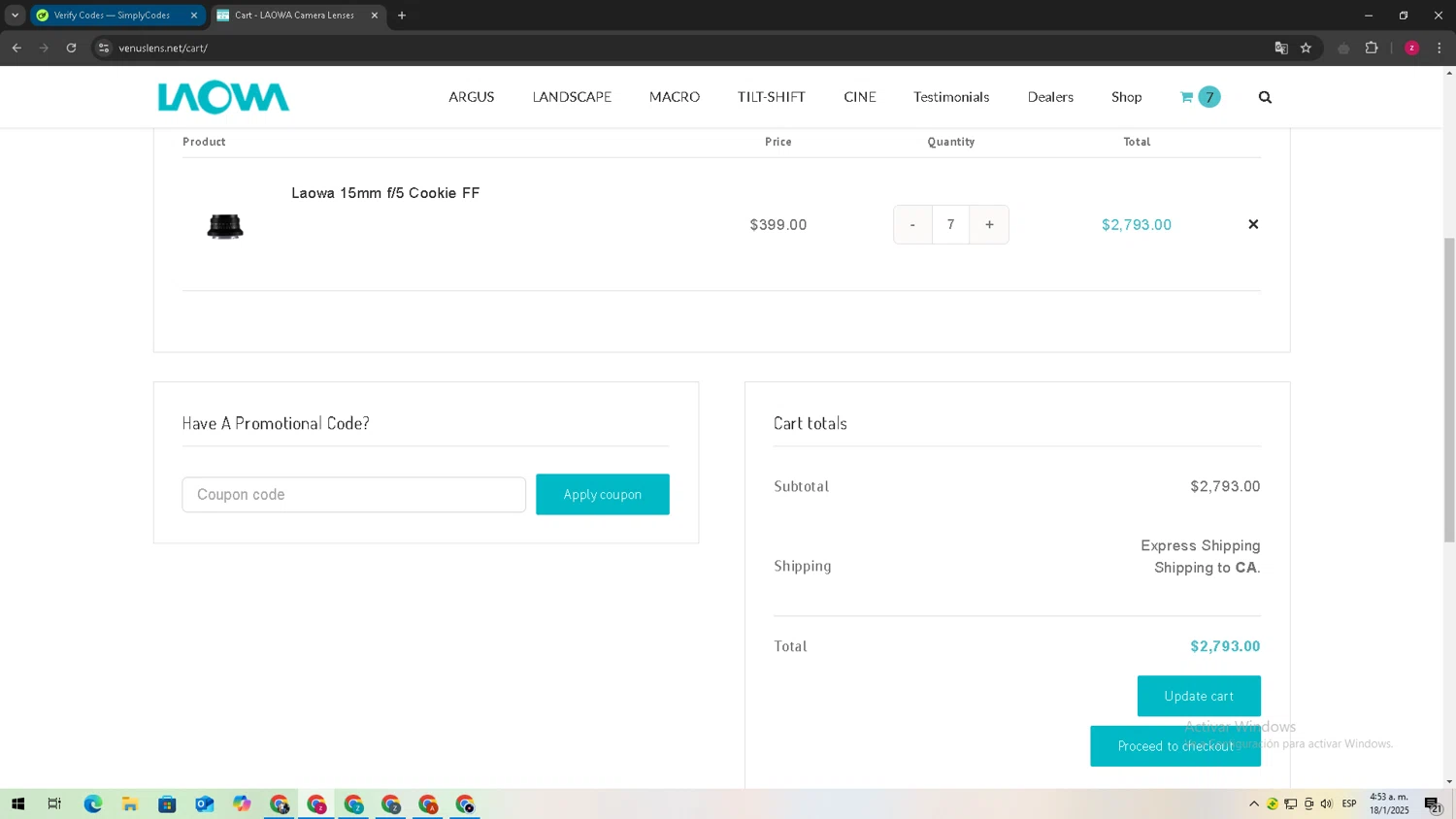 Laowa by Venus Optics checkout page showing Laowa by Venus Optics promo code box | Screenshot taken by SimplyCodes community member on Jan 18, 2025