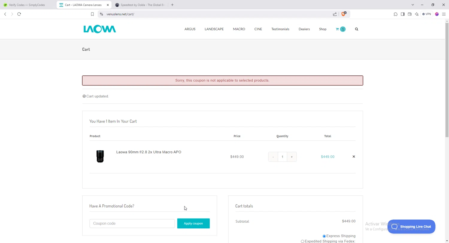Laowa by Venus Optics checkout page showing Laowa by Venus Optics promo code box | Screenshot taken by SimplyCodes community member on Dec 6, 2024