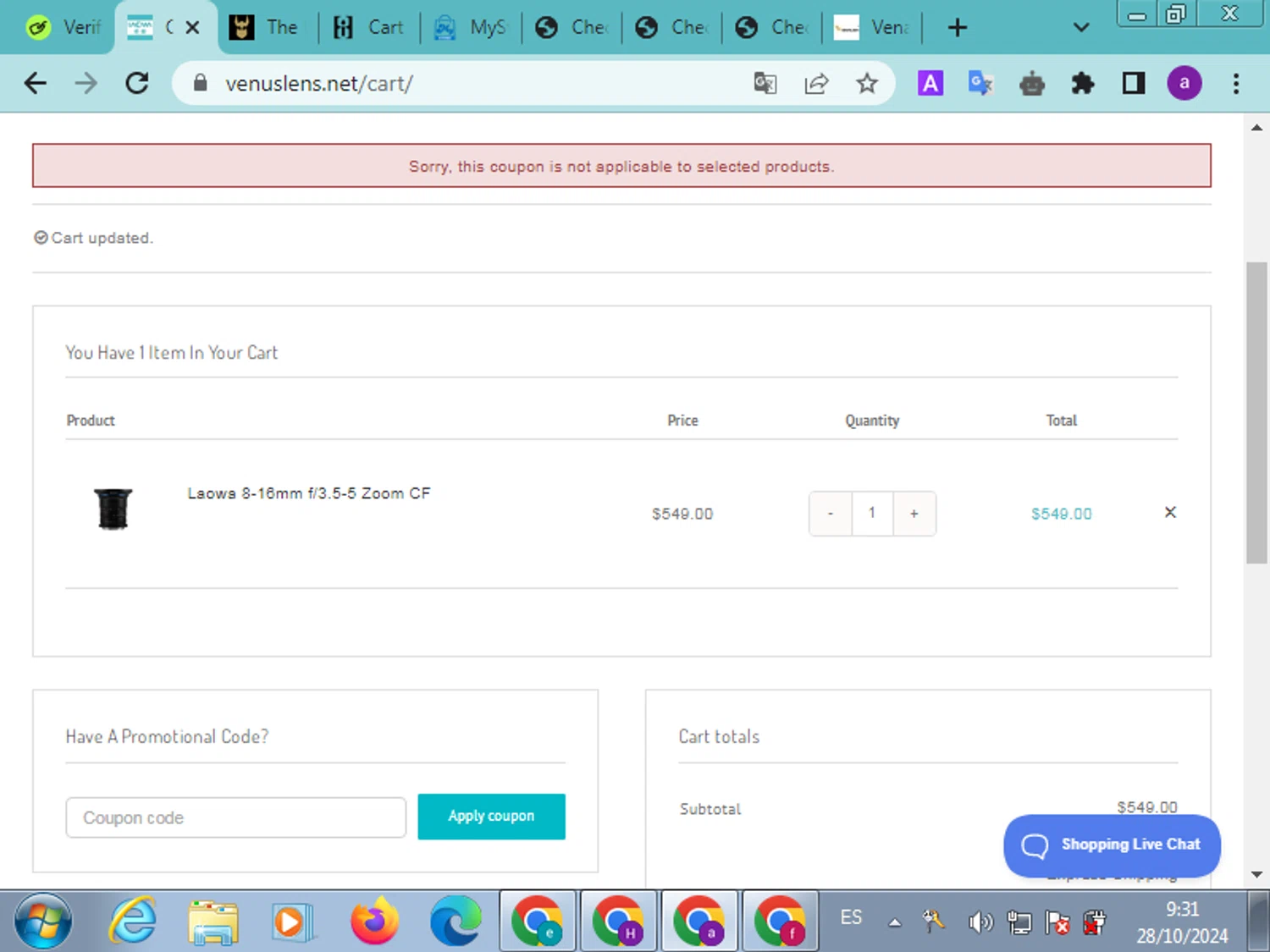 Laowa by Venus Optics checkout page showing Laowa by Venus Optics promo code box | Screenshot taken by SimplyCodes community member on Oct 28, 2024