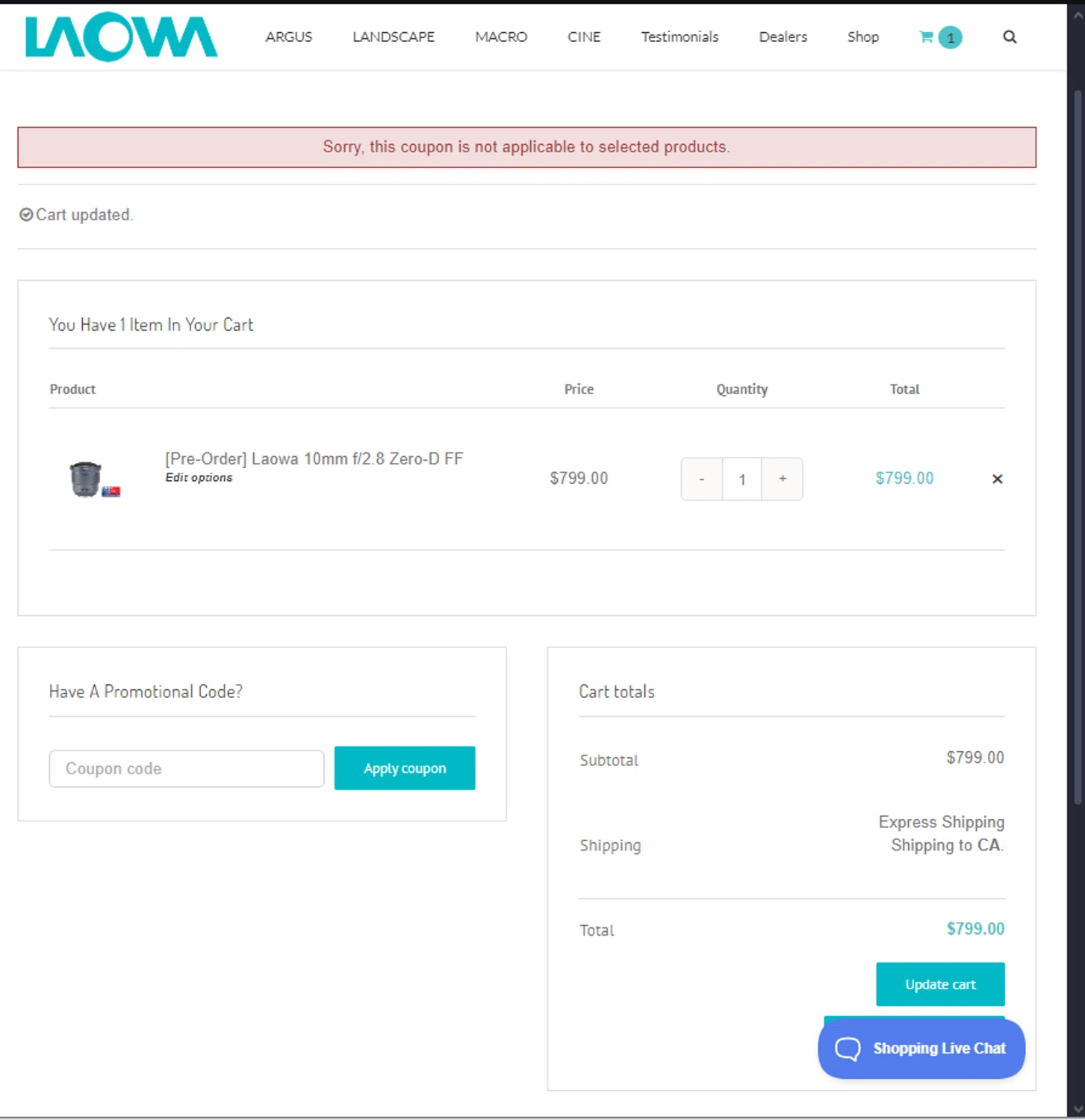 Laowa by Venus Optics checkout page showing Laowa by Venus Optics promo code box | Screenshot taken by SimplyCodes community member on Oct 28, 2024