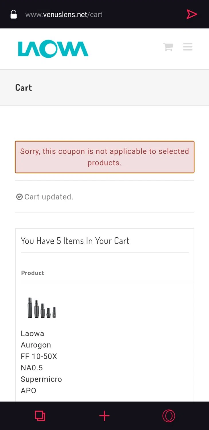 Laowa by Venus Optics checkout page showing Laowa by Venus Optics promo code box | Screenshot taken by SimplyCodes community member on Jan 8, 2025