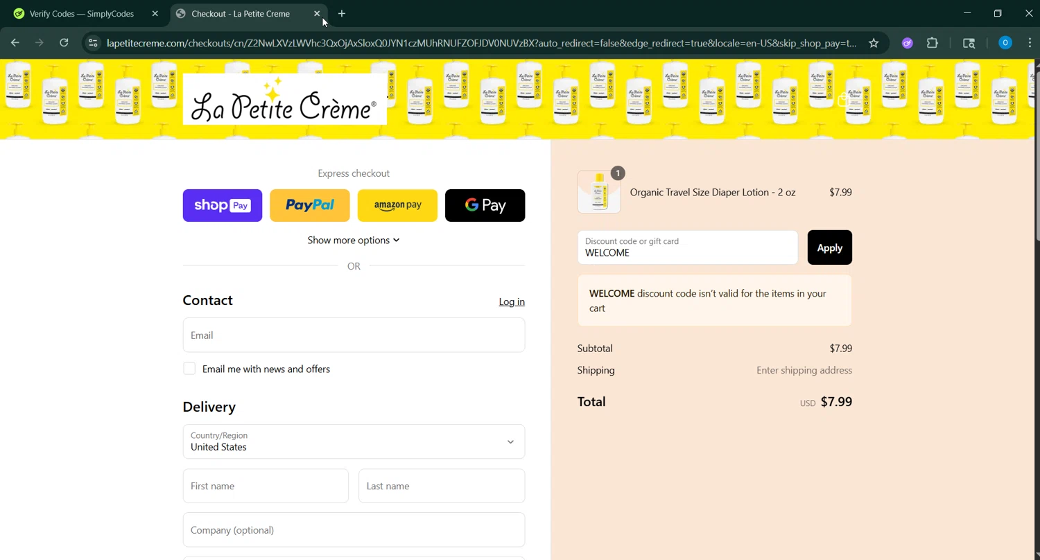 La Petite Creme promo code screenshot showing code WELCOME applied at La Petite Creme checkout page. Uploaded by SimplyCodes community member GoldChaser6627 on Jun 30, 2025