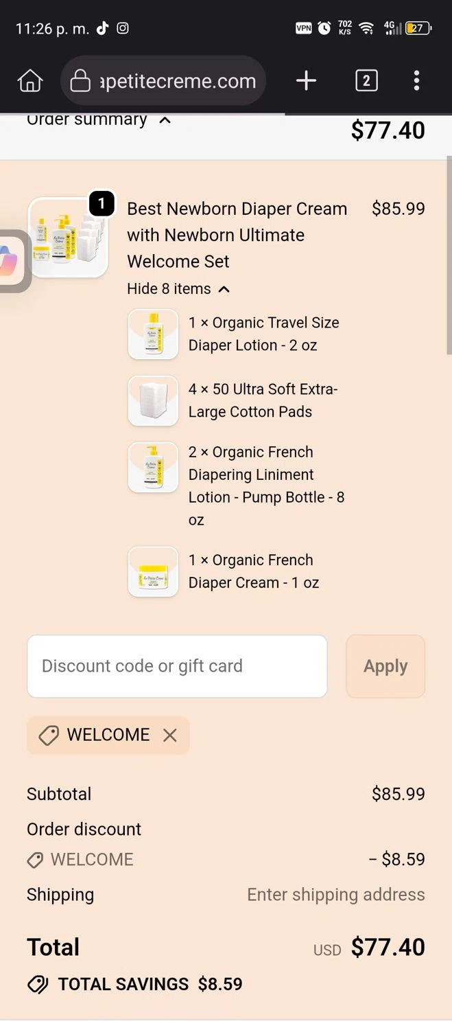 La Petite Creme promo code screenshot showing code WELCOME applied at La Petite Creme checkout page. Uploaded by SimplyCodes community member GumballWatterson on Oct 6, 2025