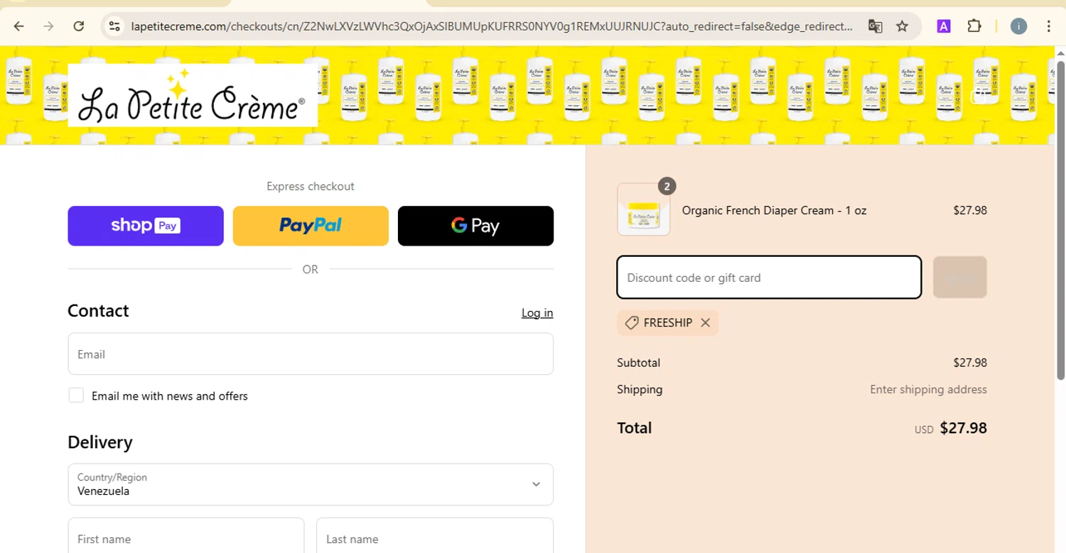 La Petite Creme promo code screenshot showing code FREESHIP applied at La Petite Creme checkout page. Uploaded by SimplyCodes community member PrimeSentinel5869 on Mar 20, 2025