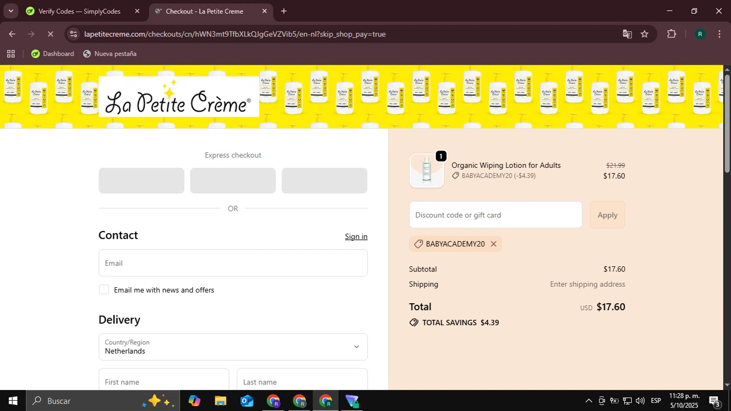 La Petite Creme promo code screenshot showing code BABYACADEMY20 applied at La Petite Creme checkout page. Uploaded by SimplyCodes community member Coneflavols on Oct 6, 2025