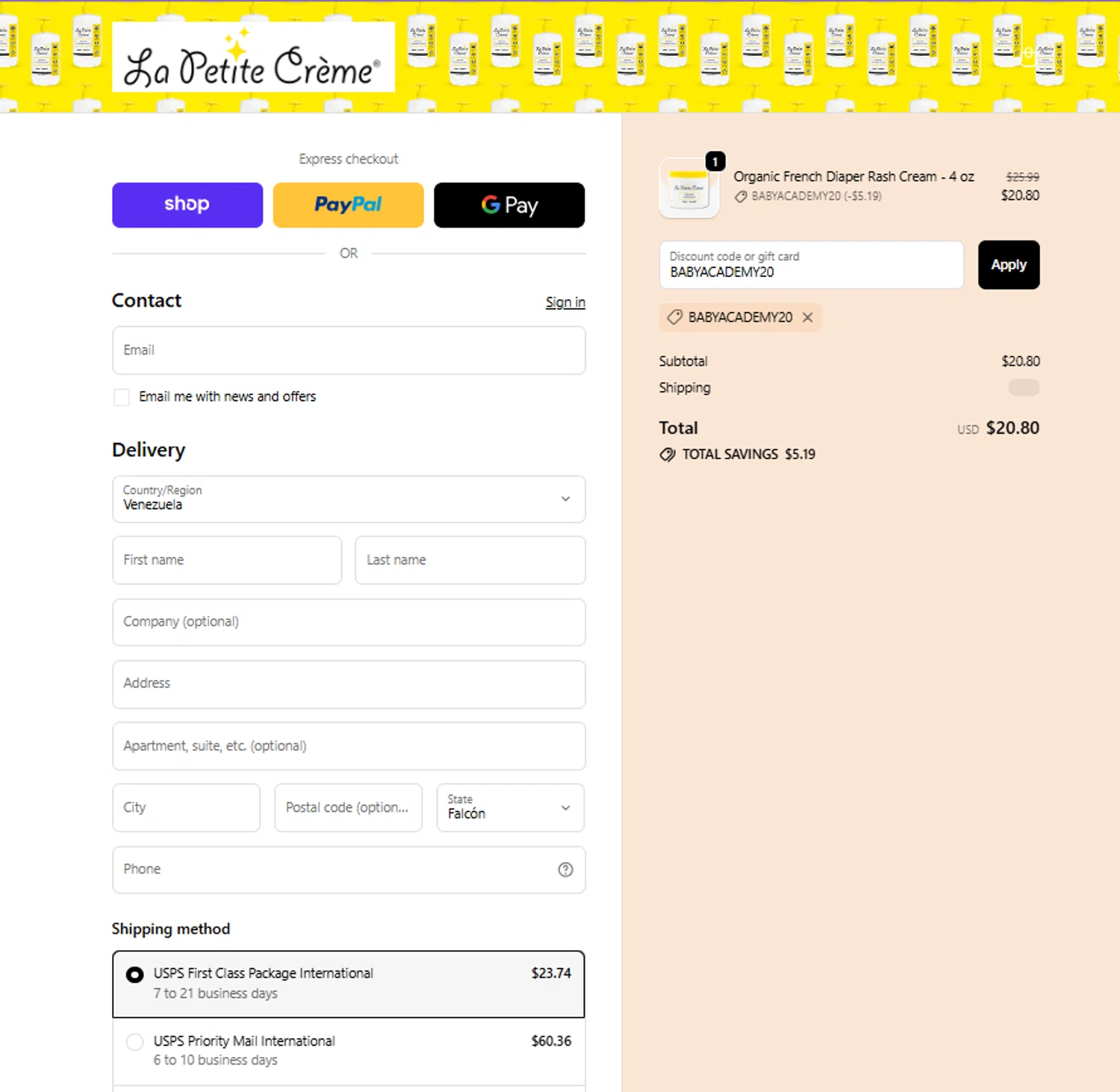 La Petite Creme promo code screenshot showing code BABYACADEMY20 applied at La Petite Creme checkout page. Uploaded by SimplyCodes community member Noah19 on Oct 17, 2025