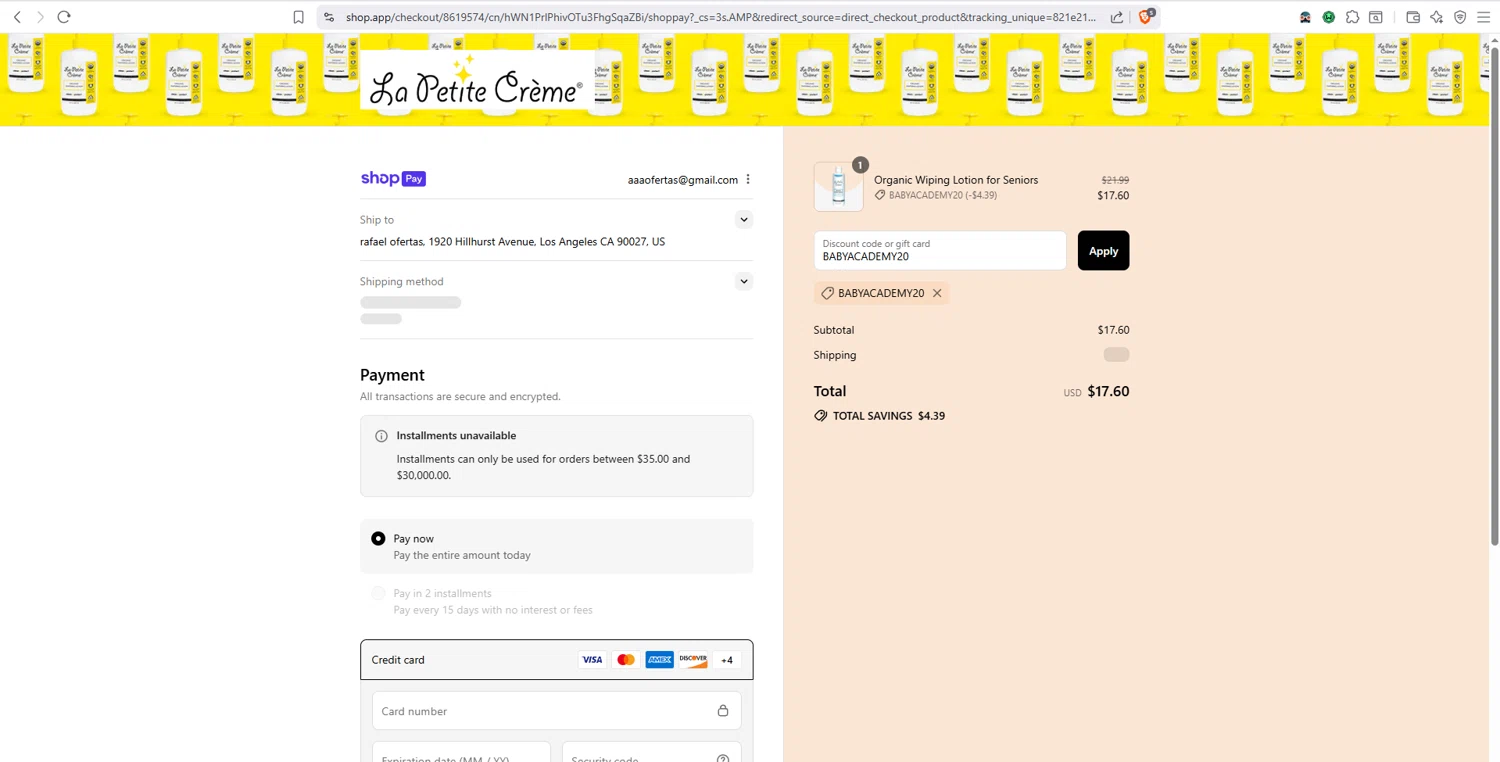 La Petite Creme promo code screenshot showing code BABYACADEMY20 applied at La Petite Creme checkout page. Uploaded by SimplyCodes community member dayselis15 on Aug 4, 2025