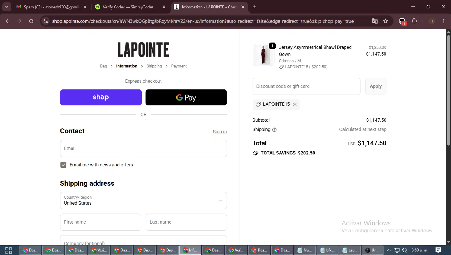 LAPOINTE promo code screenshot showing code LAPOINTE15 applied at LAPOINTE checkout page. Uploaded by SimplyCodes community member VictoriousPioneer8823 on Oct 10, 2025