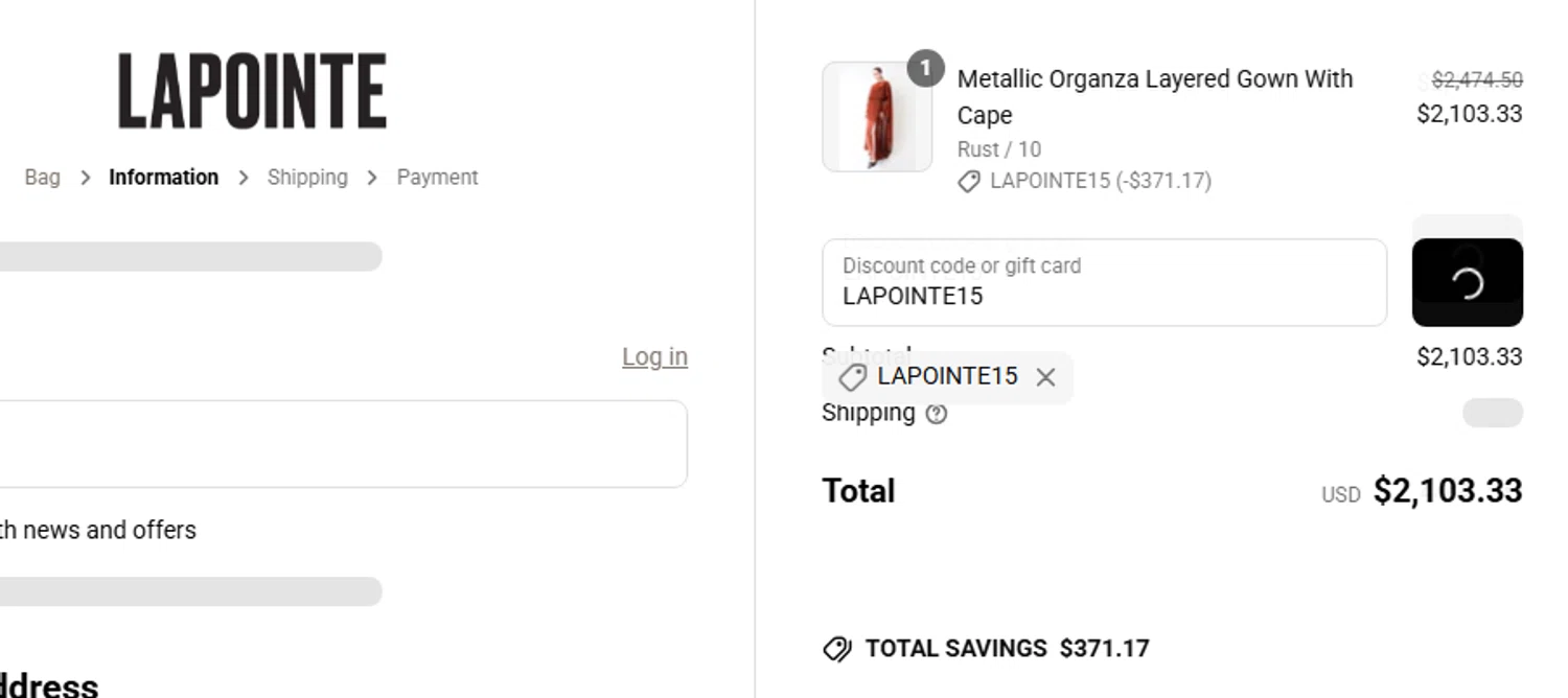 LAPOINTE promo code screenshot showing code LAPOINTE15 applied at LAPOINTE checkout page. Uploaded by SimplyCodes community member couponcheck01 on Aug 12, 2025
