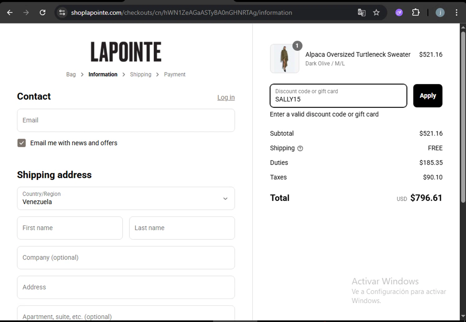 LAPOINTE promo code screenshot showing code SALLY15 applied at LAPOINTE checkout page. Uploaded by SimplyCodes community member VictoriousCurator5776 on Aug 8, 2025