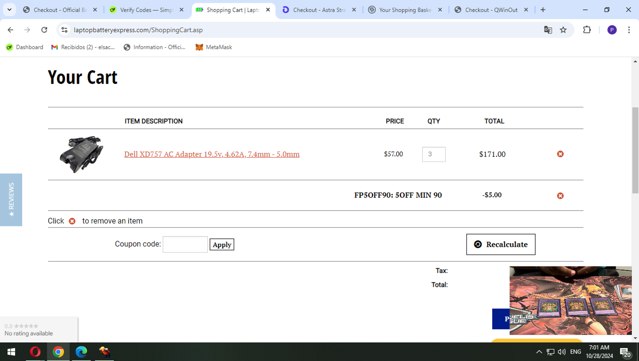 LaptopBatteryExpress.com checkout page showing LaptopBatteryExpress.com coupon code box | Screenshot taken by SimplyCodes community member on Oct 28, 2024