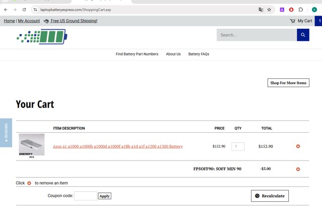 LaptopBatteryExpress.com checkout page showing LaptopBatteryExpress.com coupon code box | Screenshot taken by SimplyCodes community member on Jan 20, 2025