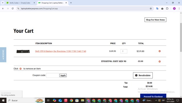 LaptopBatteryExpress.com checkout page showing LaptopBatteryExpress.com coupon code box | Screenshot taken by SimplyCodes community member on Nov 15, 2024