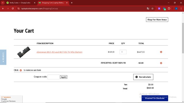 LaptopBatteryExpress.com checkout page showing LaptopBatteryExpress.com coupon code box | Screenshot taken by SimplyCodes community member on Feb 26, 2025