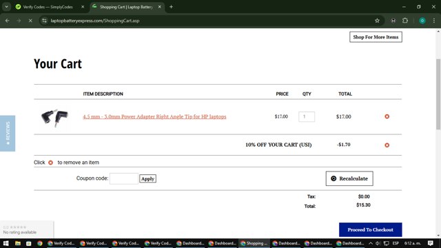 LaptopBatteryExpress.com checkout page showing LaptopBatteryExpress.com coupon code box | Screenshot taken by SimplyCodes community member on Feb 26, 2025
