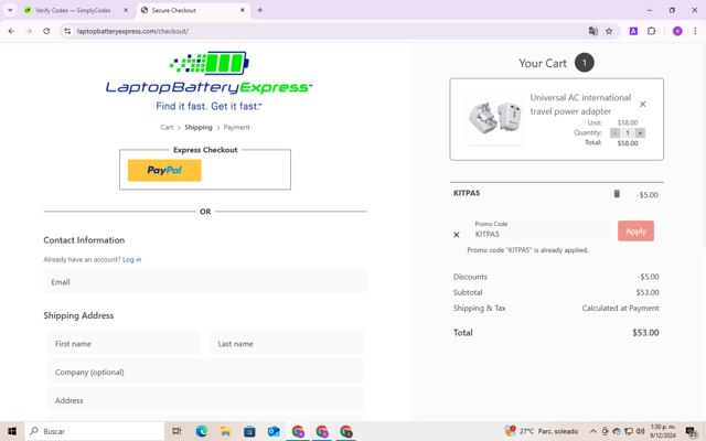 LaptopBatteryExpress.com checkout page showing LaptopBatteryExpress.com coupon code box | Screenshot taken by SimplyCodes community member on Dec 9, 2024