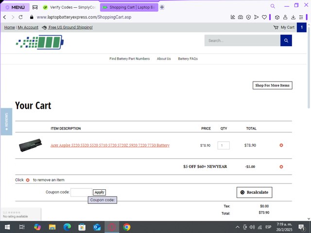LaptopBatteryExpress.com checkout page showing LaptopBatteryExpress.com coupon code box | Screenshot taken by SimplyCodes community member on Feb 20, 2025