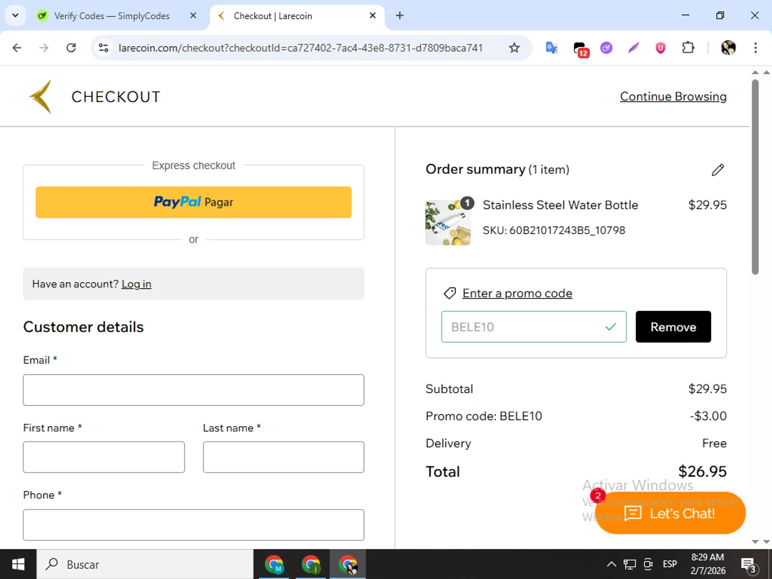 Larecoin checkout page showing Larecoin promo code box | Screenshot taken by SimplyCodes community member on Feb 7, 2026