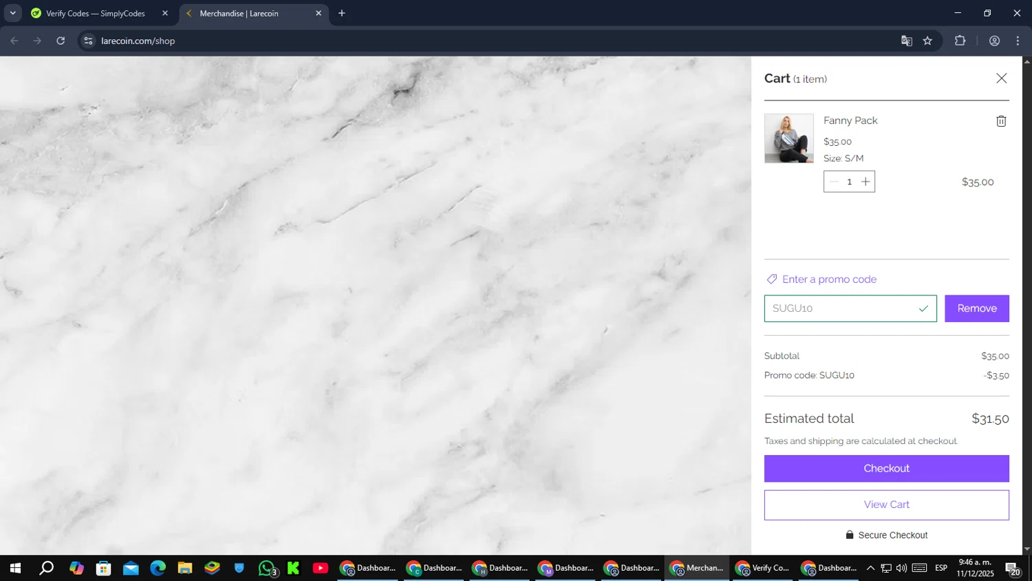 Larecoin promo code screenshot showing code SUGU10 applied at Larecoin checkout page. Uploaded by SimplyCodes community member MoneyPilot9165 on Dec 11, 2025