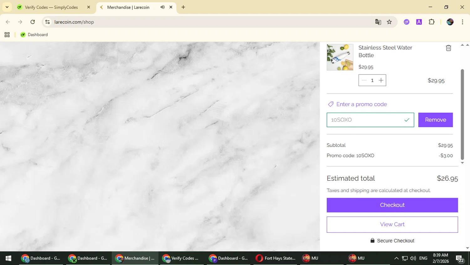 Larecoin checkout page showing Larecoin promo code box | Screenshot taken by SimplyCodes community member on Feb 7, 2026