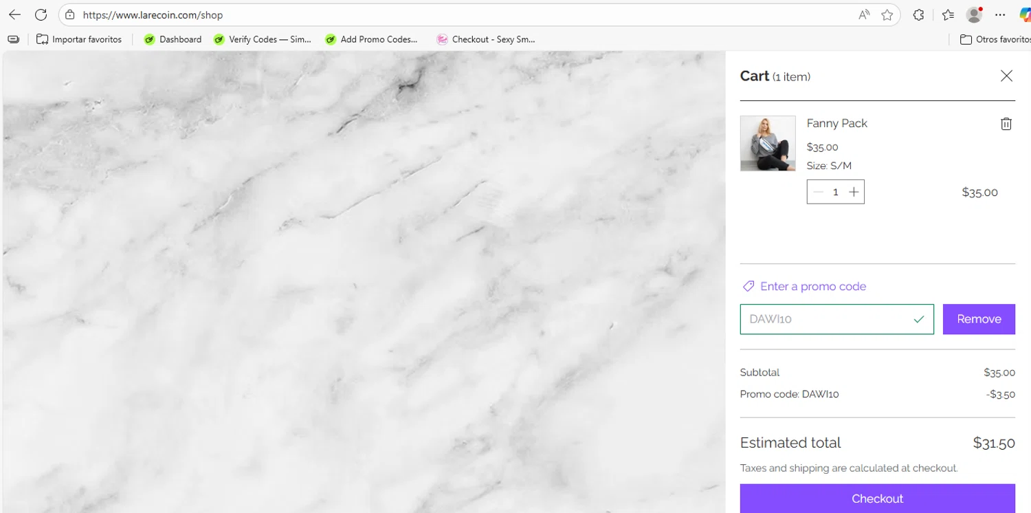 Larecoin promo code screenshot showing code DAWI10 applied at Larecoin checkout page. Uploaded by SimplyCodes community member Loki_Odinson on Oct 14, 2025