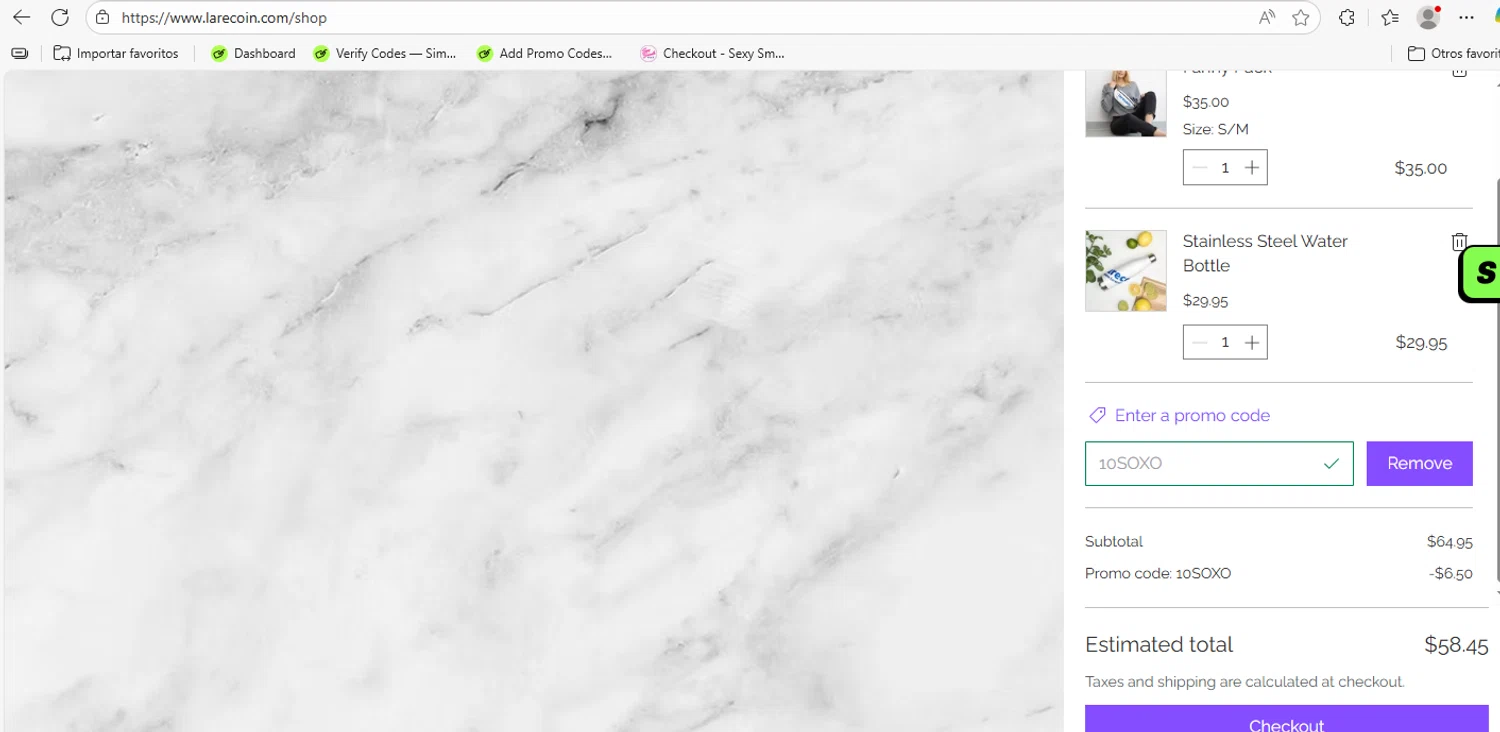 Larecoin promo code screenshot showing code 10SOXO applied at Larecoin checkout page. Uploaded by SimplyCodes community member yeresojperez on Oct 14, 2025