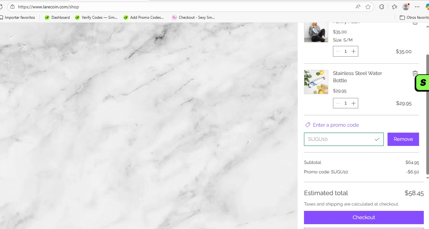 Larecoin promo code screenshot showing code SUGU10 applied at Larecoin checkout page. Uploaded by SimplyCodes community member yeresojperez on Oct 14, 2025