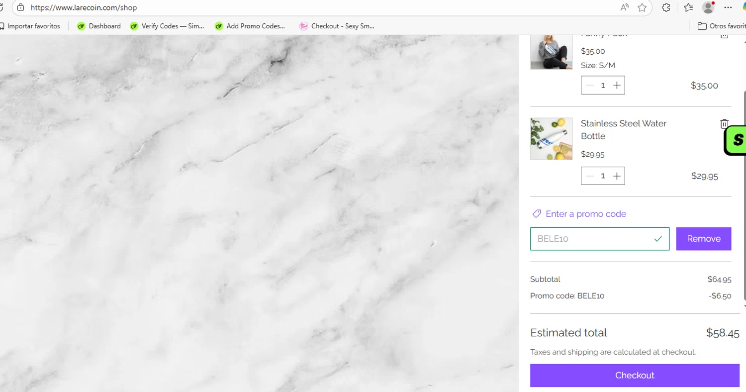 Larecoin promo code screenshot showing code BELE10 applied at Larecoin checkout page. Uploaded by SimplyCodes community member yeresojperez on Oct 14, 2025
