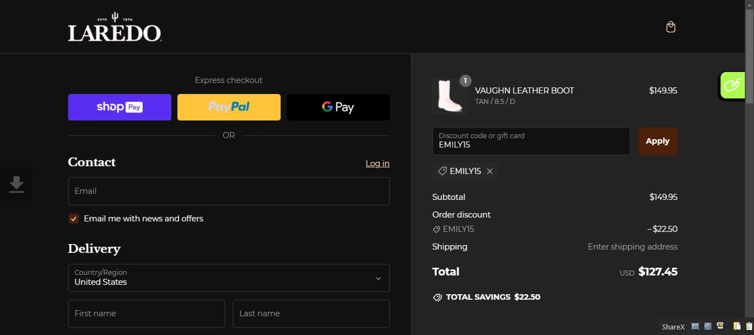 Laredo Western Boots promo code screenshot showing code EMILY15 applied at Laredo Western Boots checkout page. Uploaded by SimplyCodes community member 111111 on Feb 14, 2025